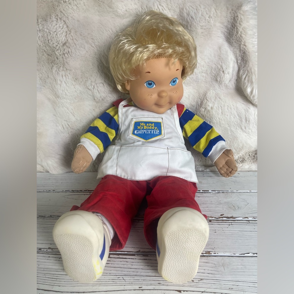 CLEANED Original 1986 Playskool My Buddy Doll Blonde Hair Shoes Carpenter Apron‎